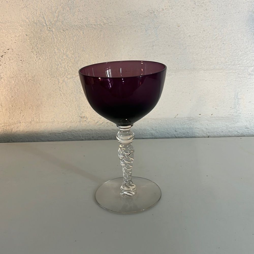 O643 Vintage Purple Blown Glass Twisted Stem